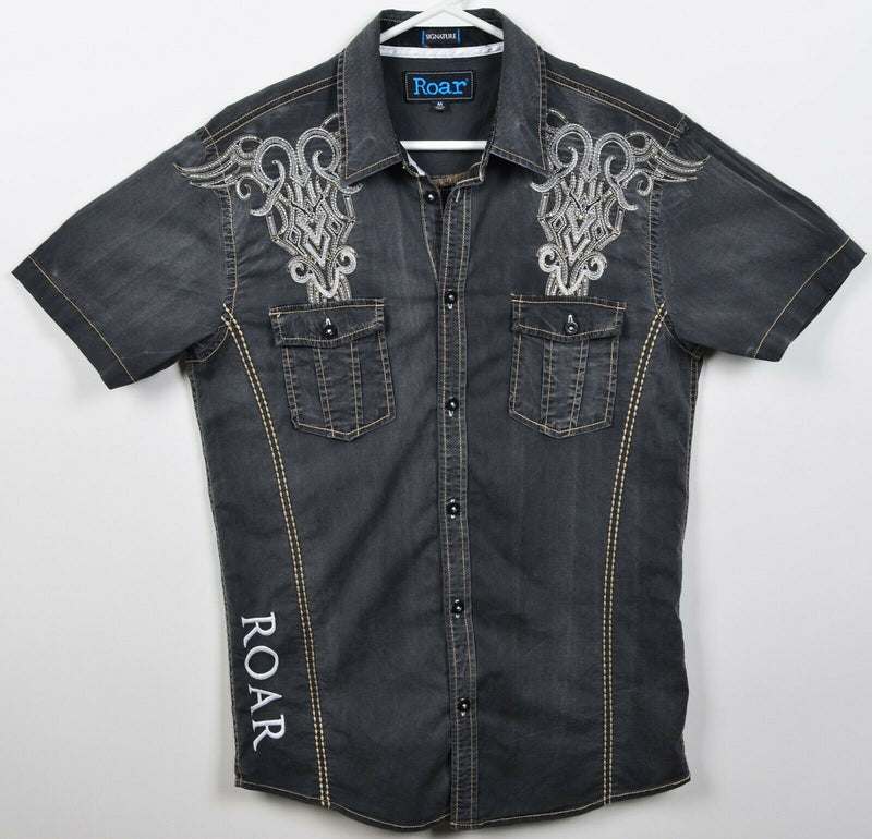 Roar Signature Men's Medium Cross Tribal Gray Distressed Button-Front Shirt