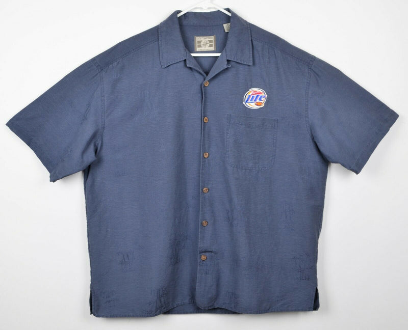 Miller Lite Beer Men's Sz XL Silk Blend Blue Floral Embroidered Hawaiian Shirt