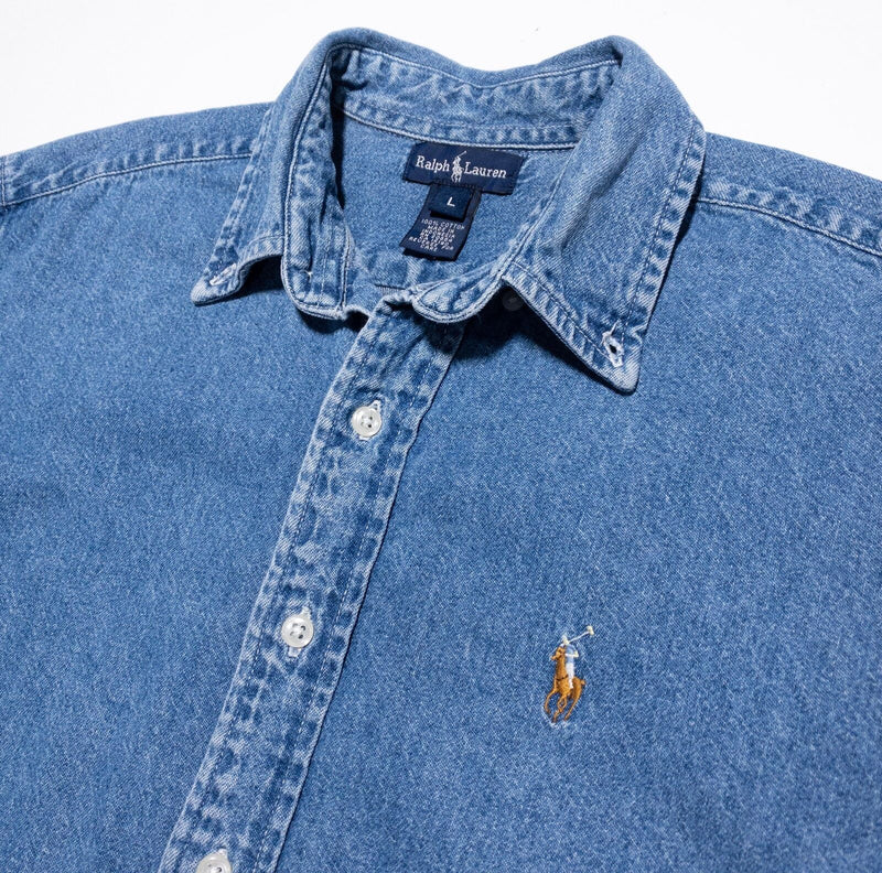 Polo Ralph Lauren Denim Shirt Boy Large Vintage 90s Indigo Blue Pony Button-Down