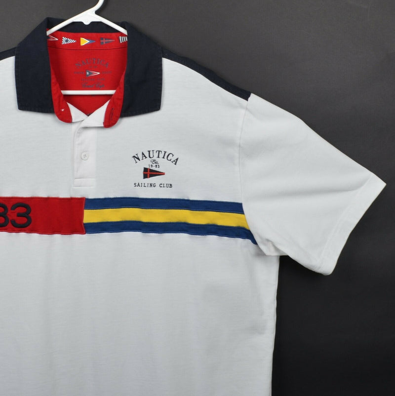 Nautica Men's Sz XL Sailing Club White Stripe Flag Embroidered Polo Rugby Shirt