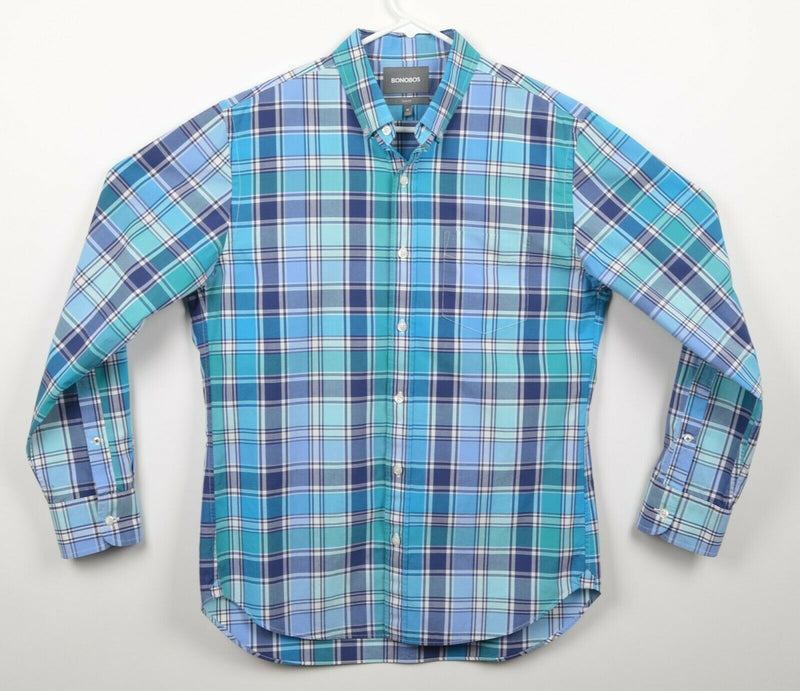 Bonobos Men's Sz Medium Slim Fit Blue Aqua Navy Plaid Button-Down Shirt