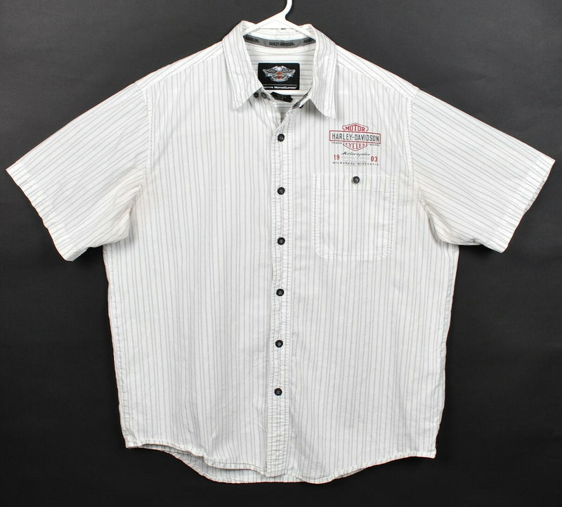 Harley-Davidson Men's Large White Striped Logo Print Garage Mechanic Biker Shirt