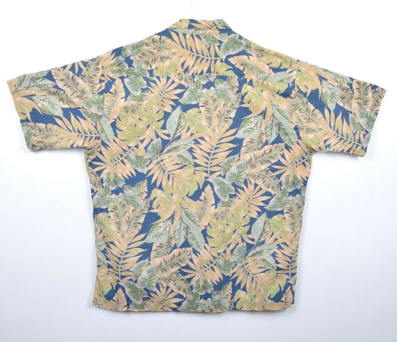 Tori Richard Men's Large Floral Palm Leaves Blue Tan Cotton Lawn Hawaiian Shirt