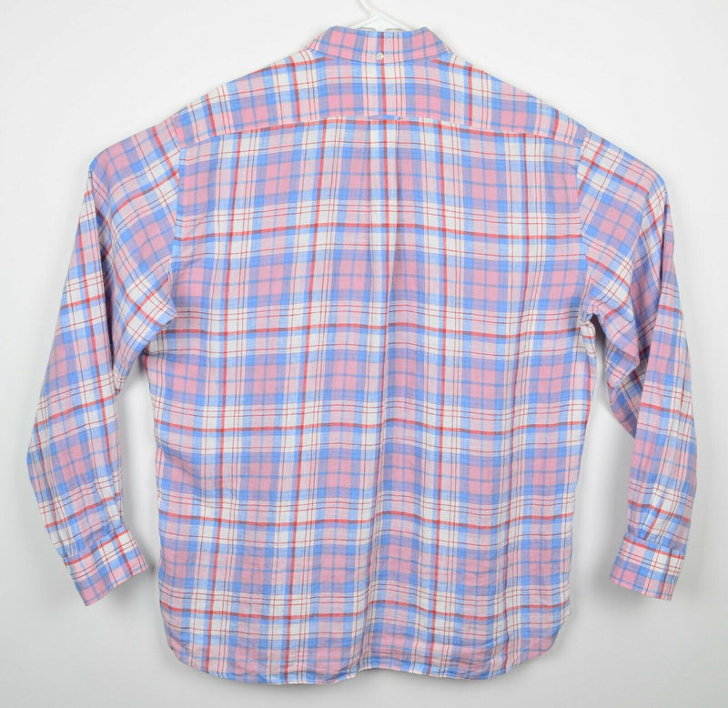Faconnable Men's Sz Large 100% Linen Classique Pink Blue Plaid Shirt
