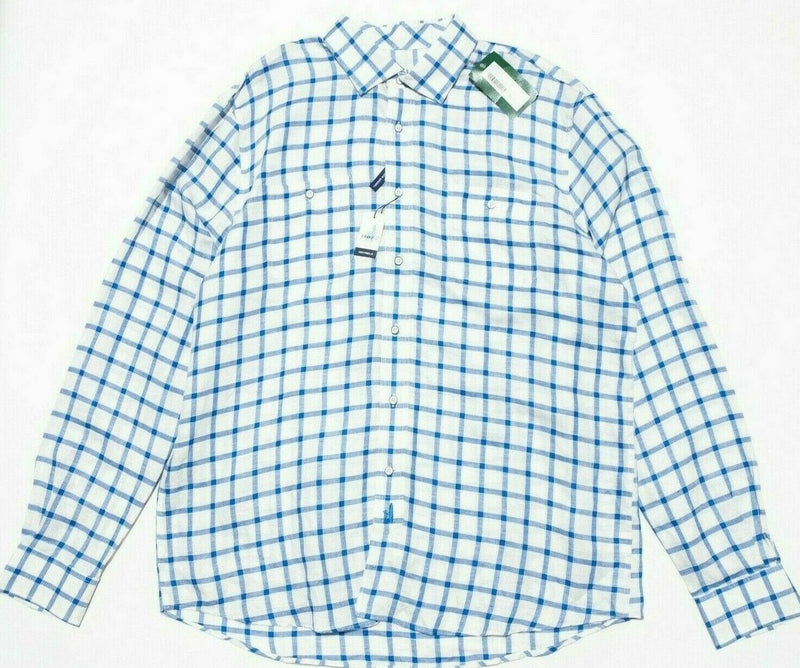 johnnie-O Hangin' Out Camden Linen Blend Shirt White Blue Check Preppy Men's XL