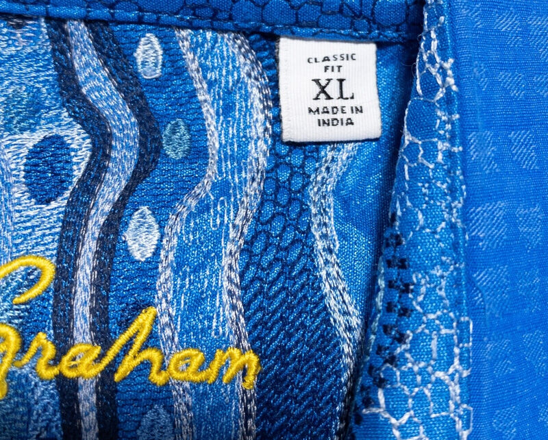 Robert Graham Linen Shirt XL Classic Fit Men's Flip Cuff Blue Geometric S/S