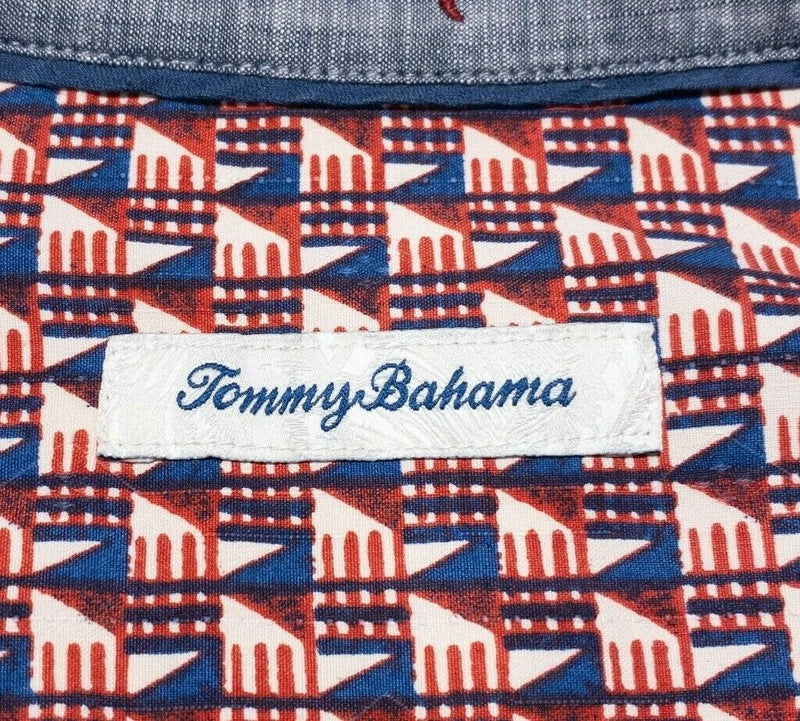 Tommy Bahama Silk Shirt 2XL Men's Hawaiian Red White Blue Geometric Patriotic