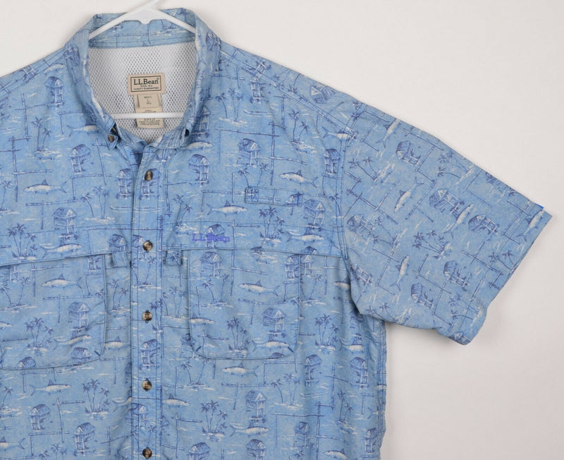 LL Bean Men's Sz Large Regular Vented Fish Tiki Hut Pattern Fishing Hiking Shirt