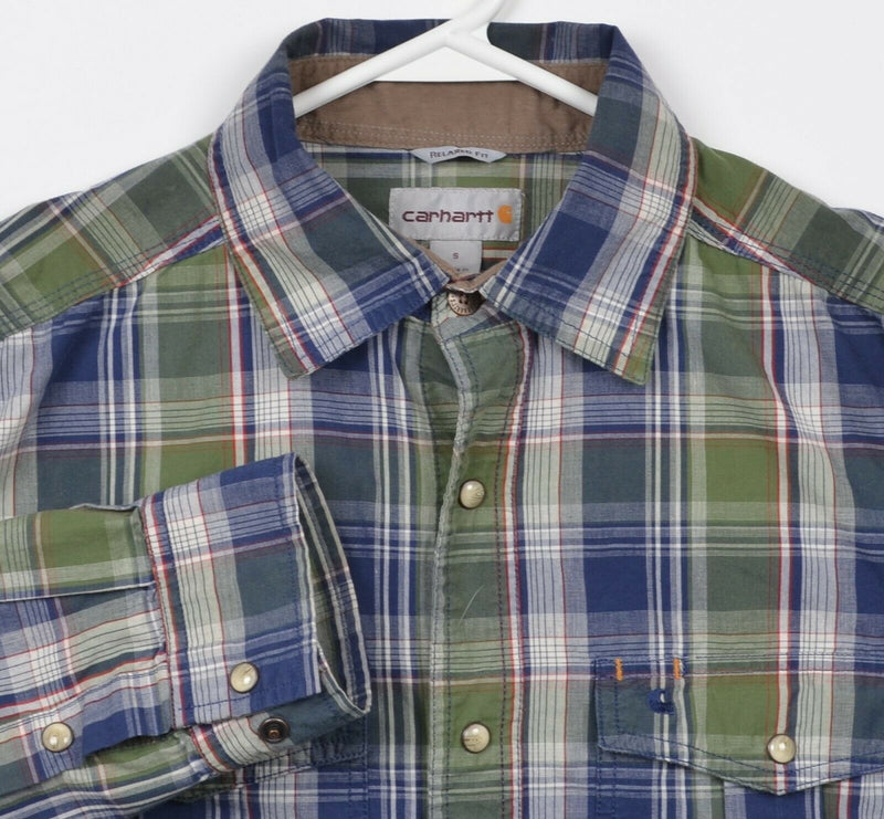 Carhartt Men's Small Regular Fit Pearl Snap Blue Green Plaid Western Shirt