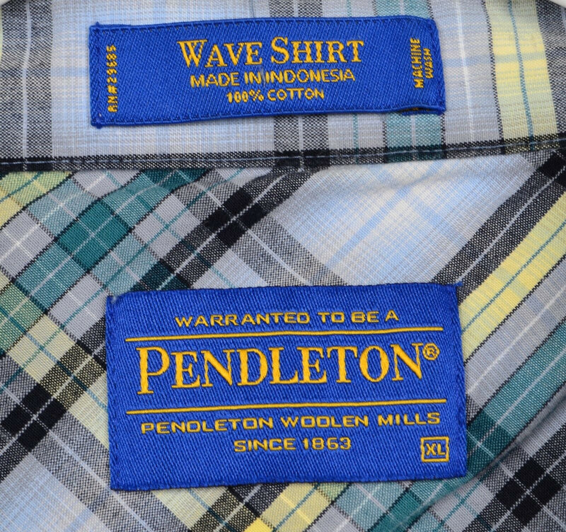 Pendleton Men's Sz XL "Wave Shirt" Turquoise Yellow Plaid Short Sleeve Shirt