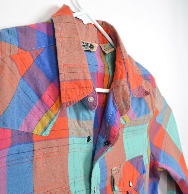 Salt Valley Western Men's Sz XL Pearl Snap Multi-Color Plaid Rockabilly Shirt