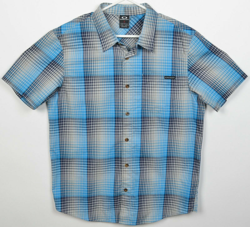 Oakley Men's Large Regular Fit Blue Gray Plaid Short Sleeve Button-Front Shirt