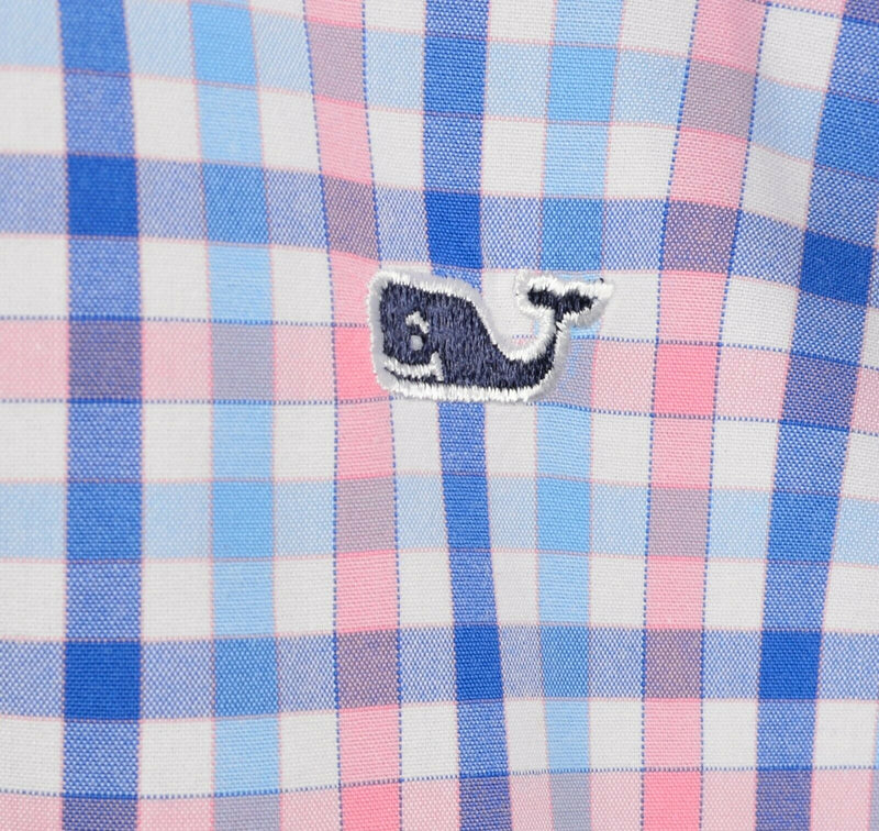 Vineyard Vines Men's Medium Pink Blue Check Whale Preppy Button-Front Shirt