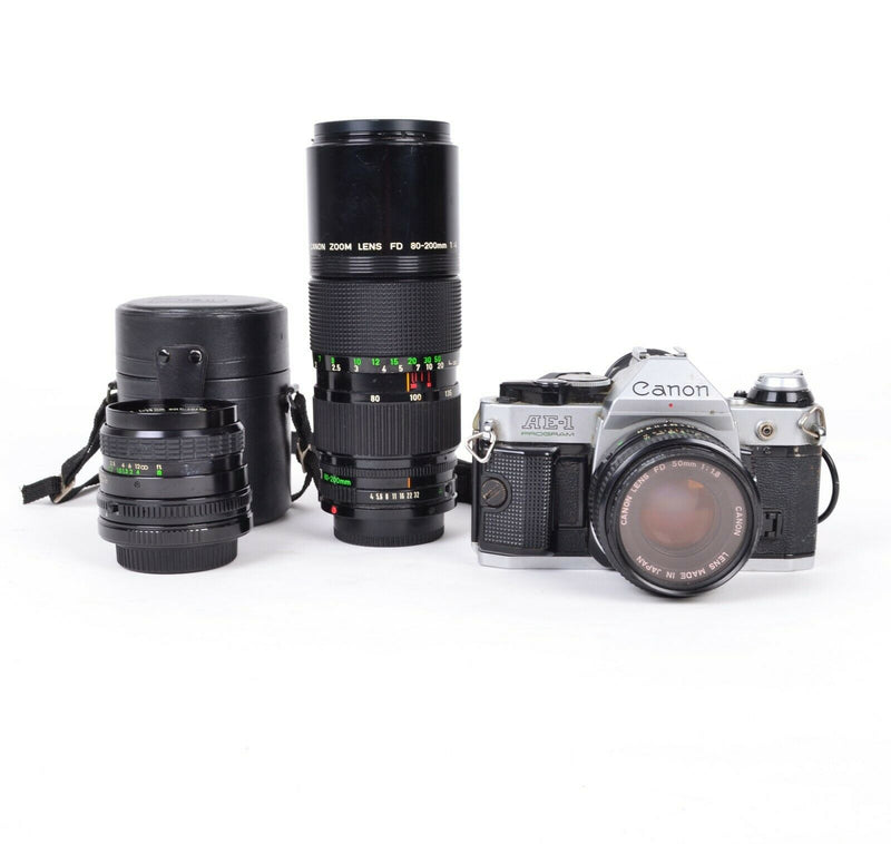 Canon AE-1 Program 35mm Manual SLR Film Camera w Sigma 28mm 2.8 & Canon 80-200mm