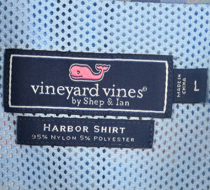 Vineyard Vines Men's Large Vented Blue Pink Plaid Fishing Nylon Harbor Shirt