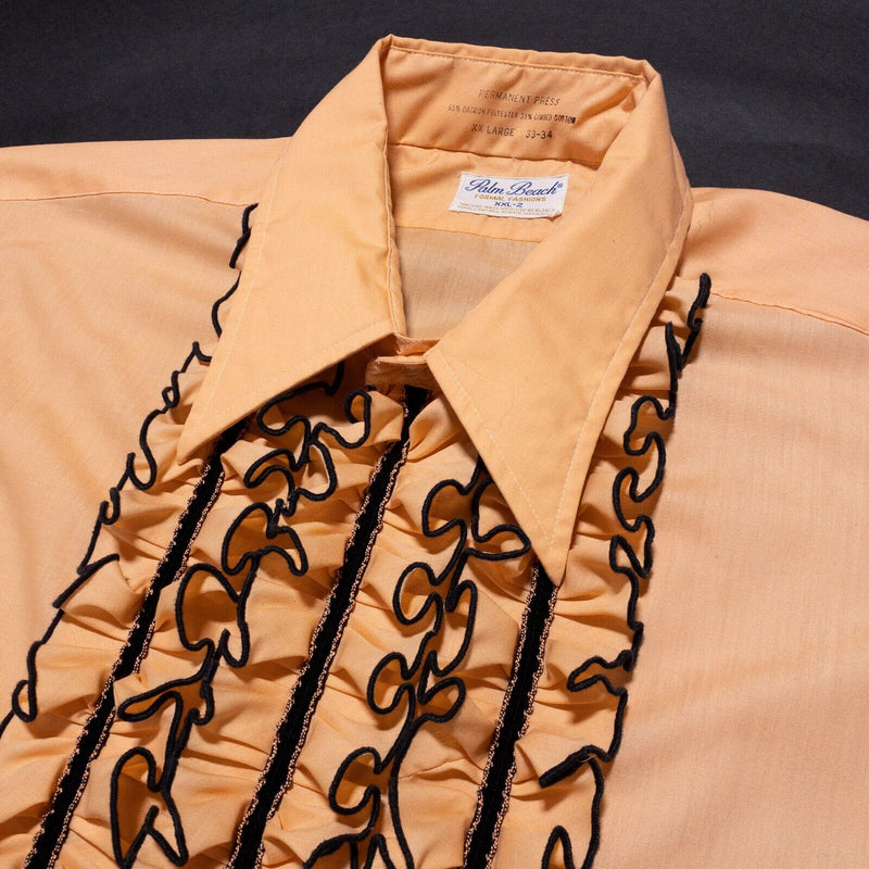 Vintage Palm Beach Ruffle Tuxedo Shirt Men's 2XL 33/34 Peach Orange Formal 70s