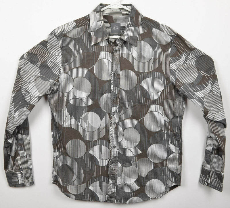 Armani Exchange A|X Men's Medium Geometric Striped Gray Brown Button-Front Shirt