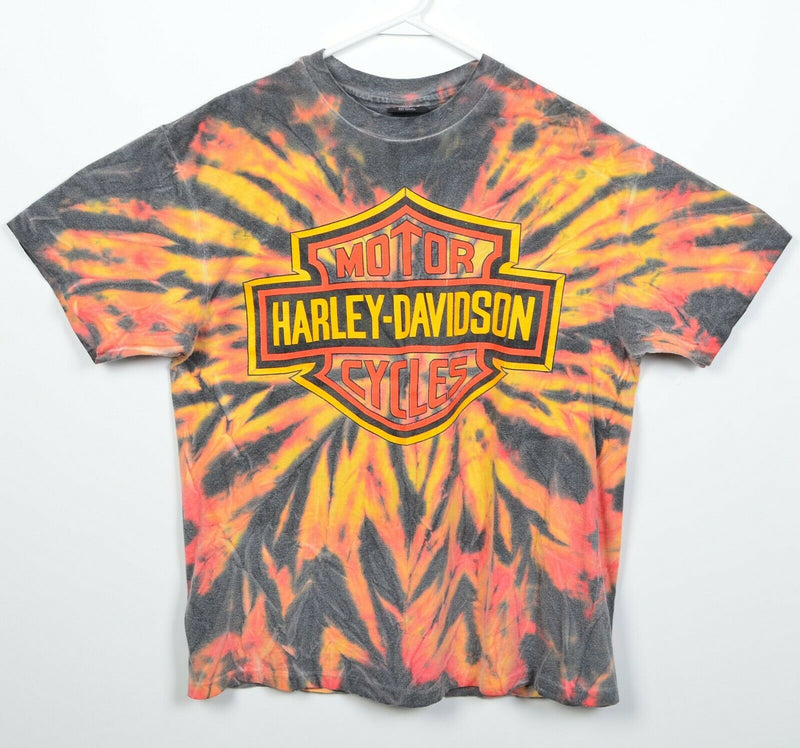 Vintage 90s Harley-Davidson Men's Large Tie-Dye Flames Big Logo All Over T-Shirt