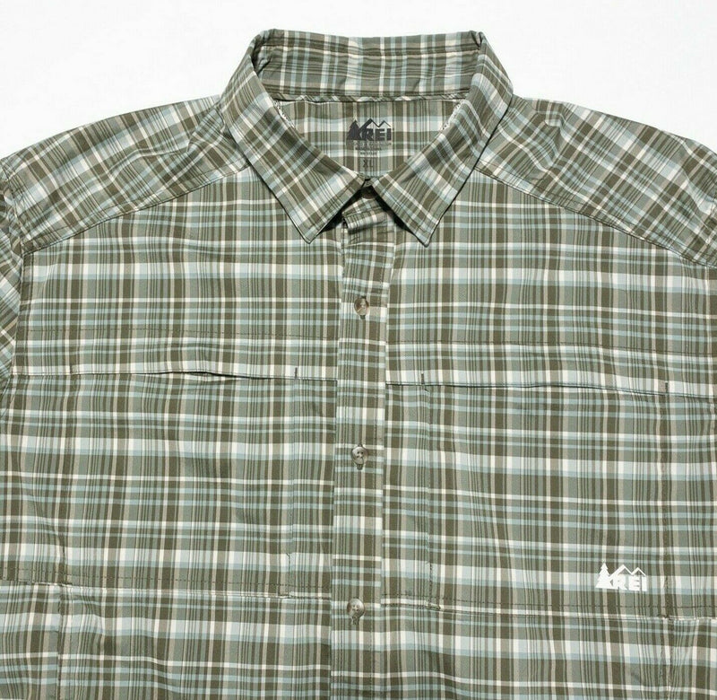 REI Hiking Shirt XL Vented Fishing Green Plaid Mesh Long Sleeve Men Button-Front