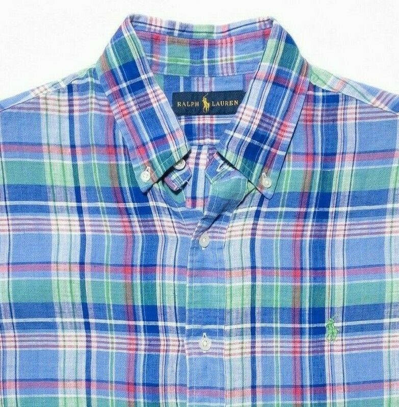 Polo Ralph Lauren Linen Shirt Medium Men's Colorful Plaid Blue Red Short Sleeve