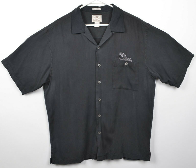 Luau Men's Large Polly Wants a Drink 100% Silk Black Embroidered Hawaiian Shirt