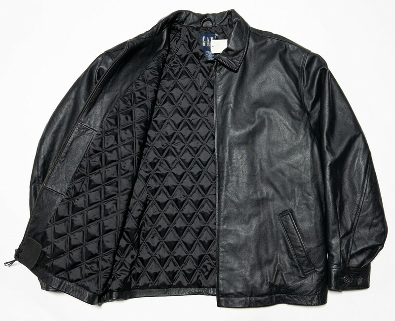 GAP Leather Bomber Jacket Men's XL Black Quilt Lined Collared Full Zip