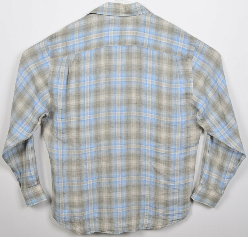 Robert Talbott Men's Large 100% Linen Gray Blue Plaid Button-Front Shirt