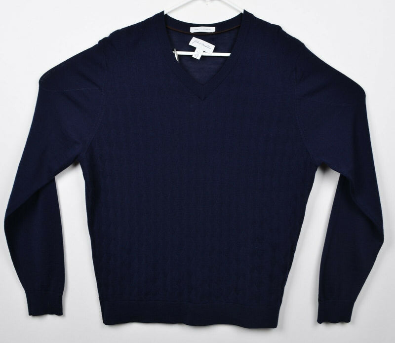 John W. Nordstrom Men's Sz Large 100% Merino Wool Navy Blue Argyle Knit Sweater