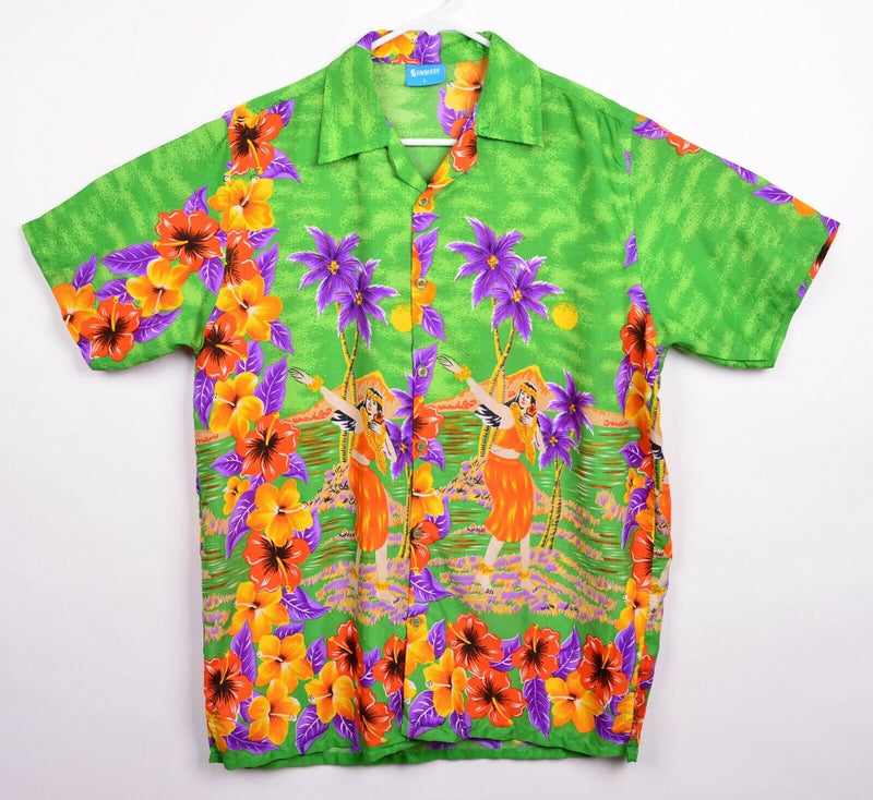 Vtg On Shore Men's Sz Large 100% Polyester Hula Luau Girl Green Aloha Shirt