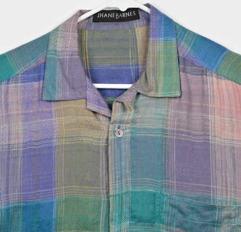 Jhane Barnes Men's Sz Medium 100% Linen Purple Green Plaid Lounge Shirt