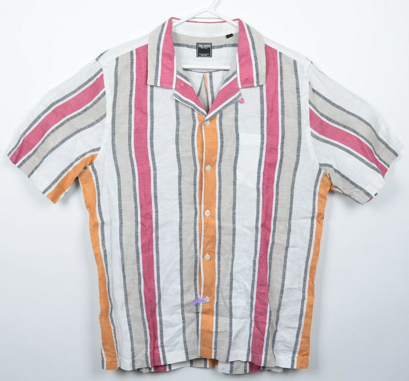 Todd Snyder Men's XL 100% Linen Red Gray Striped Loop Collar Button-Front Shirt