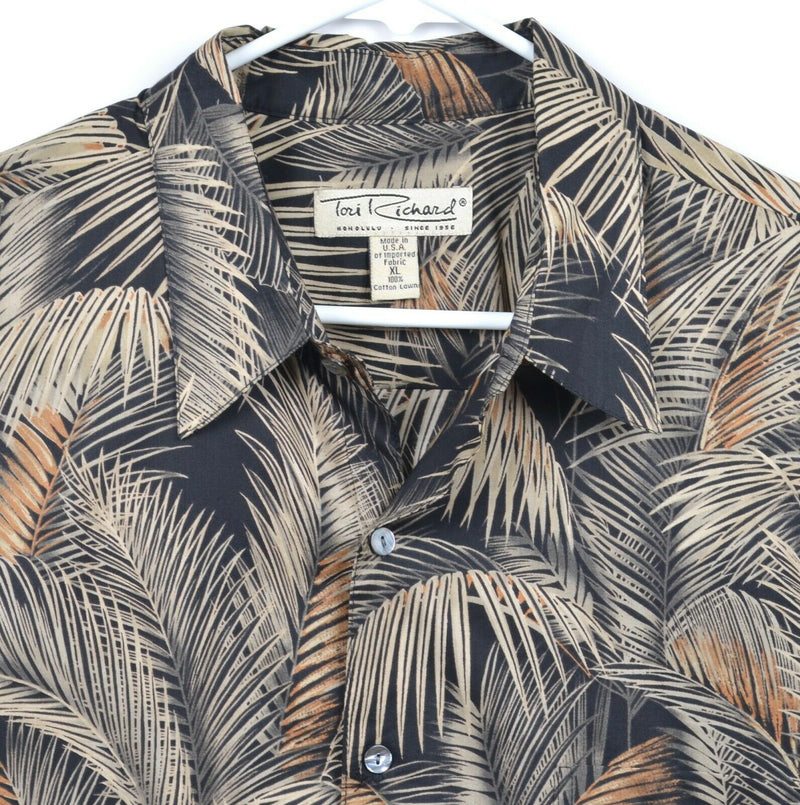 Tori Richard Men's Sz XL Floral Palm Leaves Black Tan Cotton Lawn Hawaiian Shirt