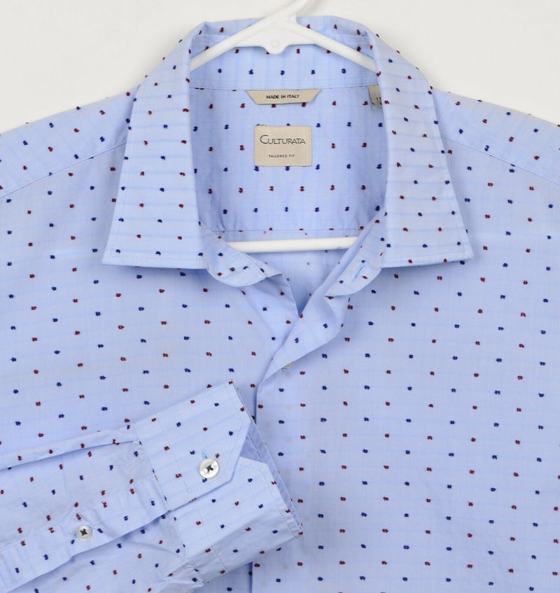 Culturata Men's Sz 17.5 XL Tailored Fit Blue Polka Dot Made in Italy Dress Shirt