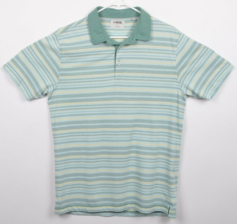 Linksoul Men's Sz Medium Green Yellow Striped Short Sleeve Golf Polo Shirt