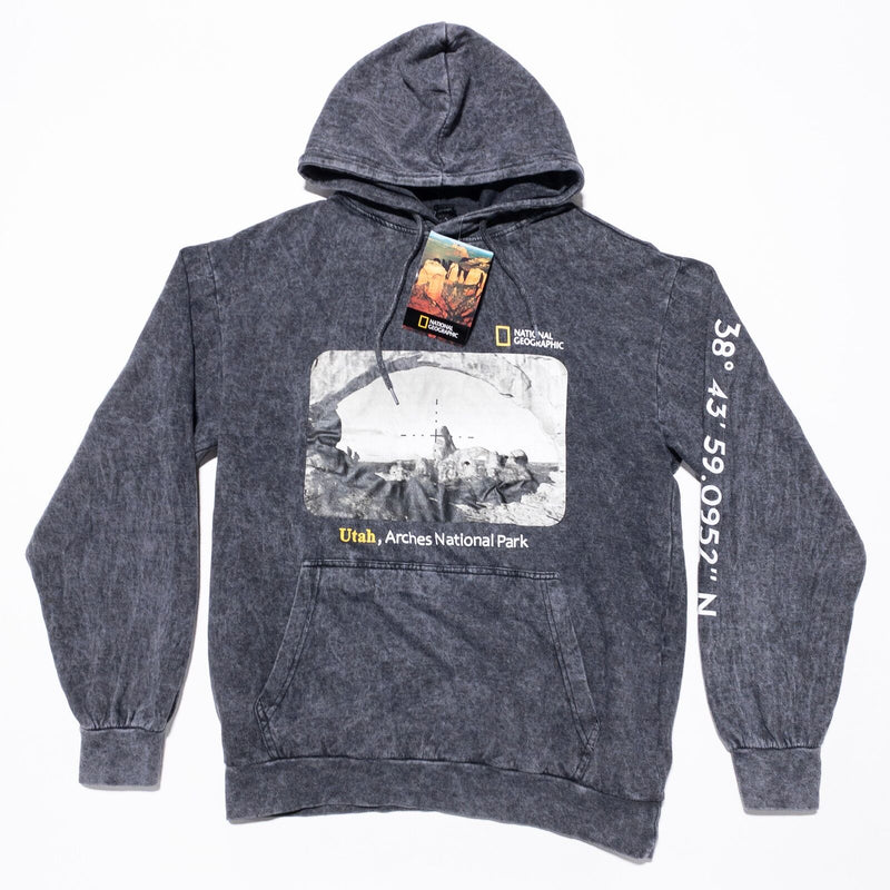 National Geographic Hoodie Mens Small Utah Arches Park Sweatshirt Gray Acid Wash