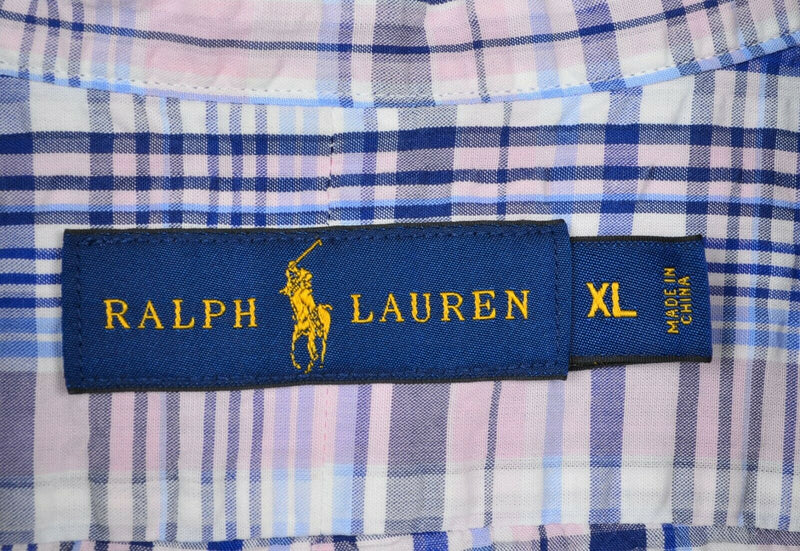 Polo Ralph Lauren Men's Sz XL Seersucker Navy Blue Pink Plaid Short Sleeve Shirt