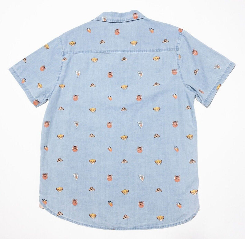 Disney Lion King Shirt Men's Medium Button-Up Nala Pumbaa Print Blue Chambray