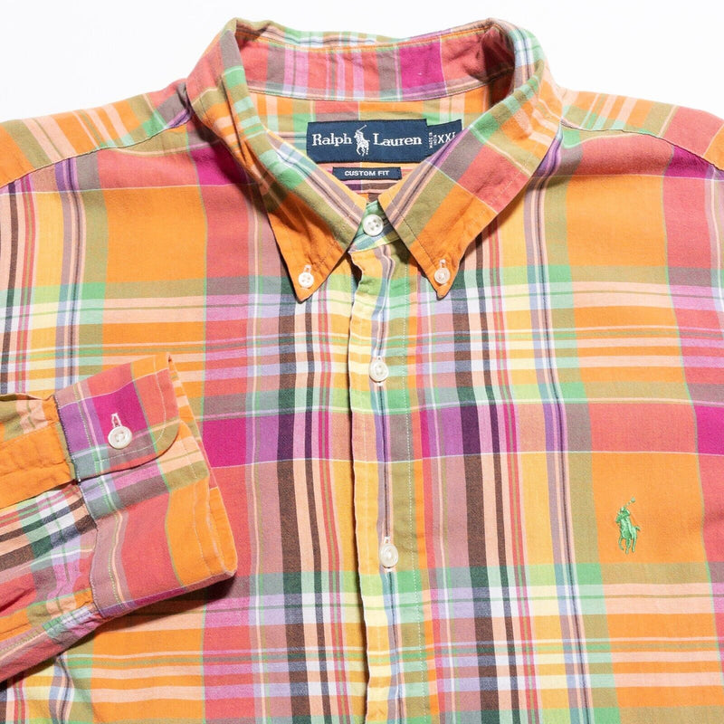 Polo Ralph Lauren Indian Madras Shirt Mens 2XL Colorful Plaid Orange Pink Button