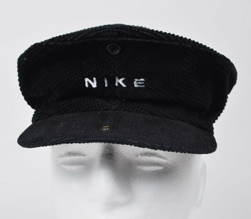 Vtg Nike Men's Sz Medium Black Newsboy Snap Hat White Swoosh Spell Out Flat Cap