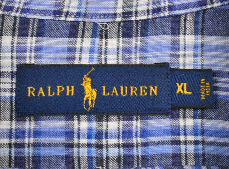 Polo Ralph Lauren Men's Sz XL 100% Linen Blue Plaid Button-Down Shirt