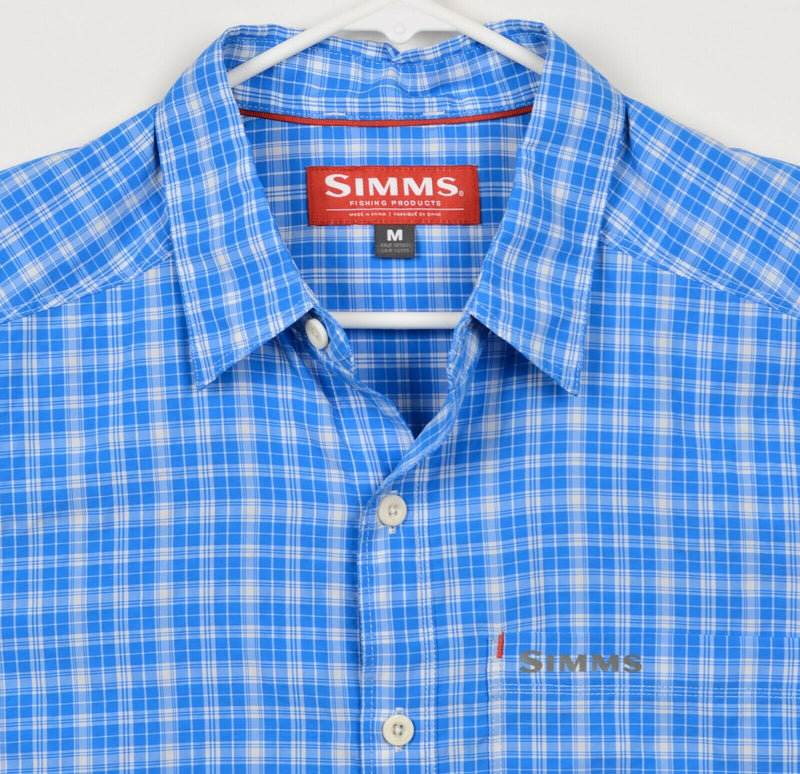 SIMMS Men's Sz Medium Fishing Blue Plaid Nylon Polyester Short Sleeve Shirt