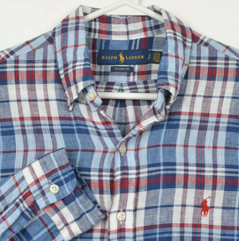 Polo Ralph Lauren Men's Small 100% Linen Blue Red Plaid Button-Down Shirt