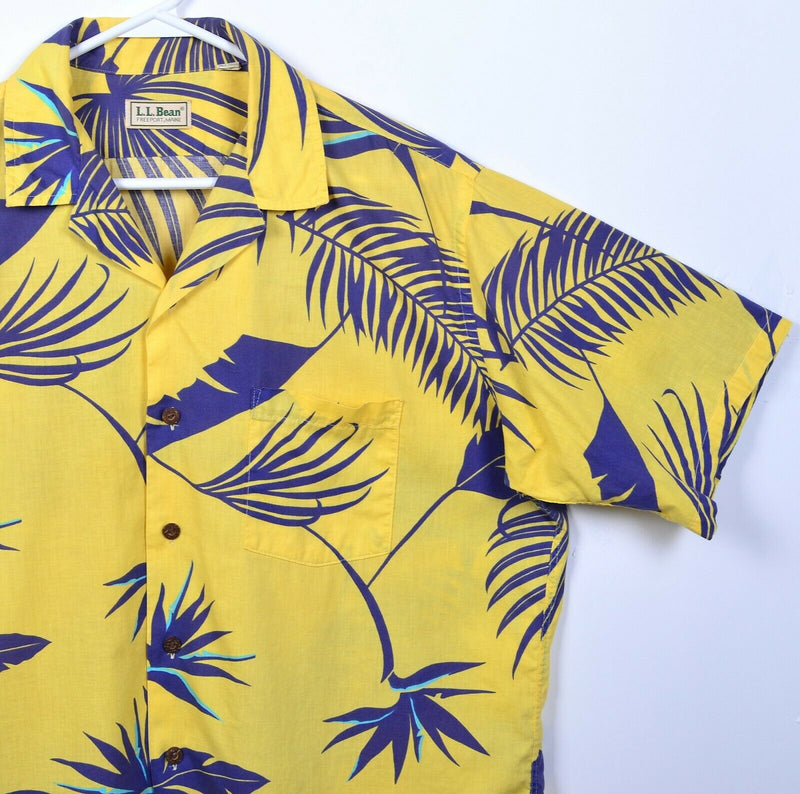 L.L Bean Men's Large Floral Palm Yellow Blue Vintage 80s Hawaiian Aloha Shirt