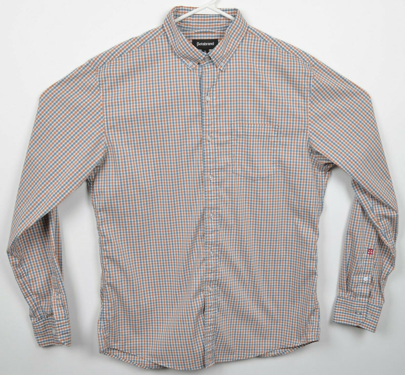 Betabrand Men's XL Orange Blue Check Cotton Poly Blend Wicking Button-Down Shirt