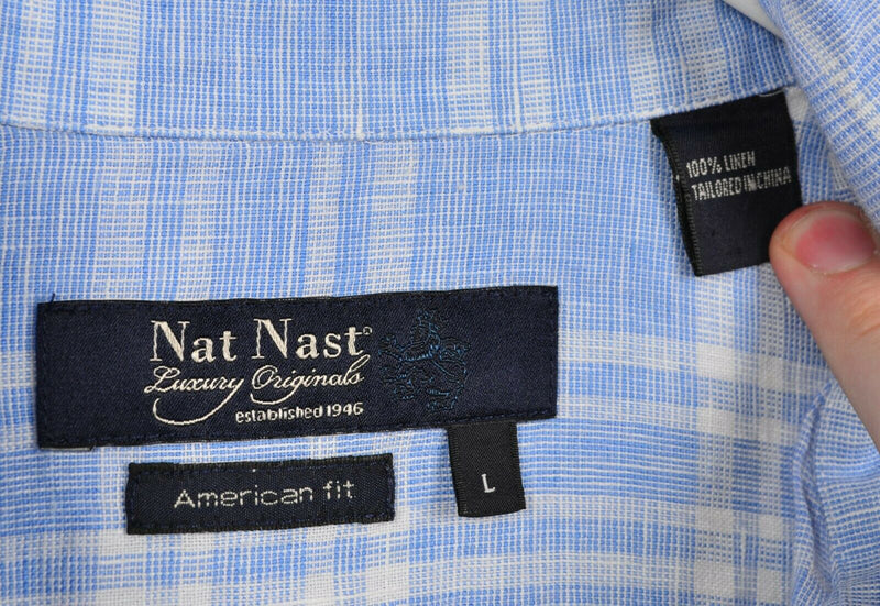 Nat Nast Men's Sz Large American Fit 100% Linen Blue Plaid Hawaiian Shirt