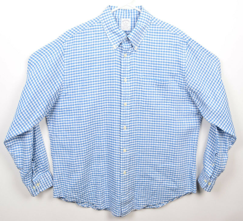 Brooks Brothers Men's XL Irish Linen Blue Gingham Check Regent Button-Down Shirt