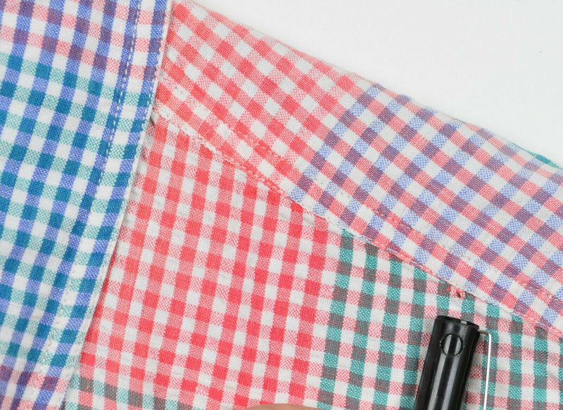 Eddie Bauer Men's Sz Large Seersucker Colorblock Multi-Color Plaid Check Shirt