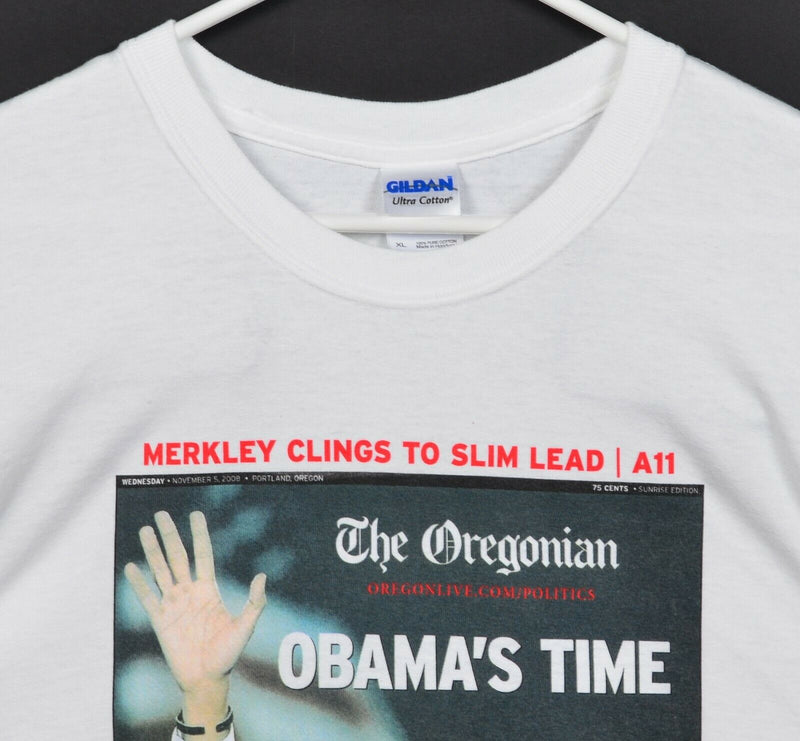 Obama's Time Men's XL Newspaper The Oregonian White Gildan Graphic T-Shirt