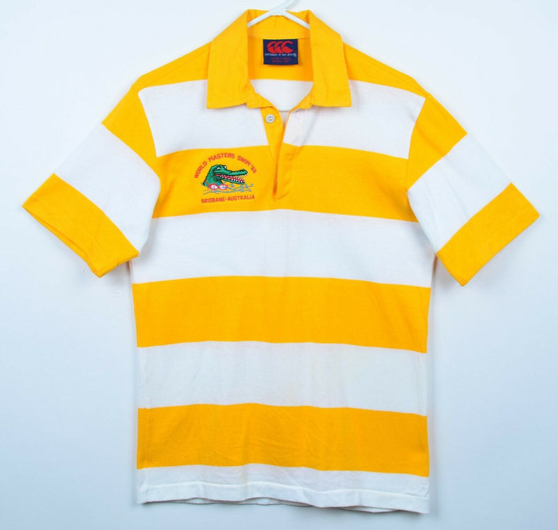Vintage 80s Canterbury of New Zealand Men's Medium Gold Striped Polo Shirt