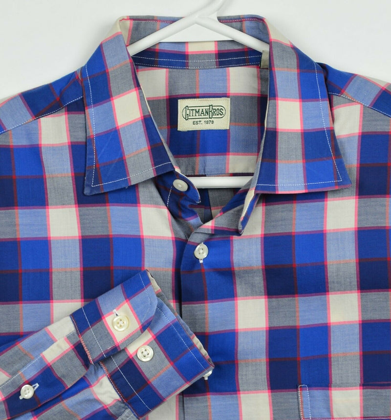 Vintage Gitman Bros Men's Medium Blue Pink Plaid Made in USA Button-Front Shirt